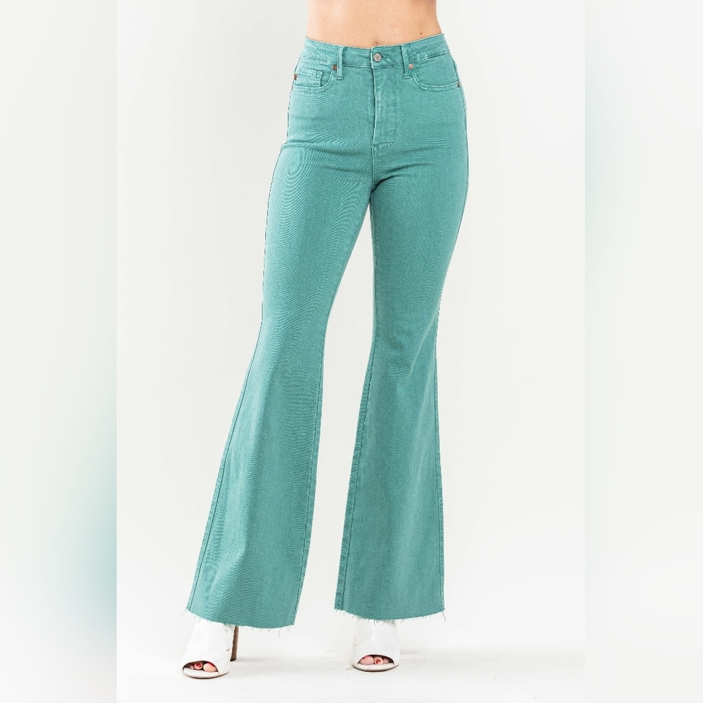 Judy Blue Garment Dyed Topaz blue tummy control raw edge flare jeans